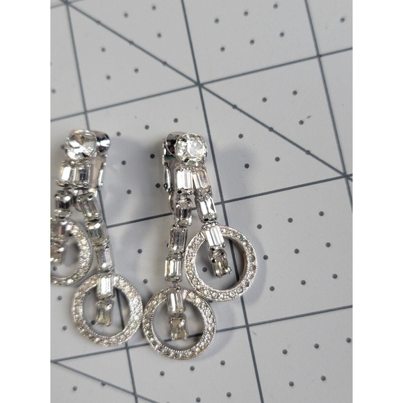 Vintage Art Deco Style Rhinestone Dangle Clip On Earrings - Picture 4 of 6